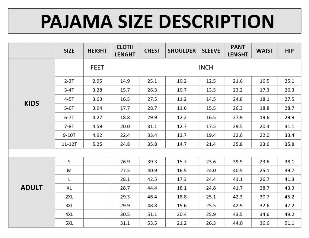 Pajama size chart